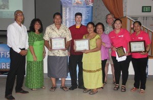 Certificates and plaques of recognition were awarded to 40 seafood vendors who are helping local and federal fishery managers better understand American Samoa's commercial fishery. Pictured (from left) are Council Chair Ed Ebisui Jr., American Samoa DMWR Director Ruth Matagi-Tofiga, Aukuso Gabriel of Josie's Restaurant, Charles Nelson of Equator Restaurant, Hana of P n F Mart, Council Executive Director Kitty Simonds, Tom Drabble of Sadie's Hotels, and Michelle Shaosxia Ma and Tua Agalelei of Sunny's Restaurant.